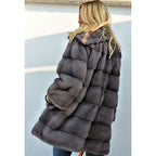 Women's Fluffy Faux Fur Coat with High Collar and Side Pockets