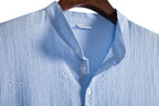 Women's Short-Sleeve Shirt with Textured Stand-Up Collar and Button Detail