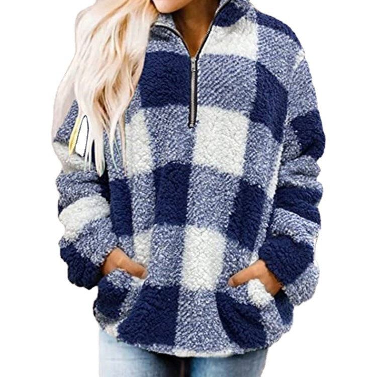 Women's Fleece Pullover with Plaid Pattern