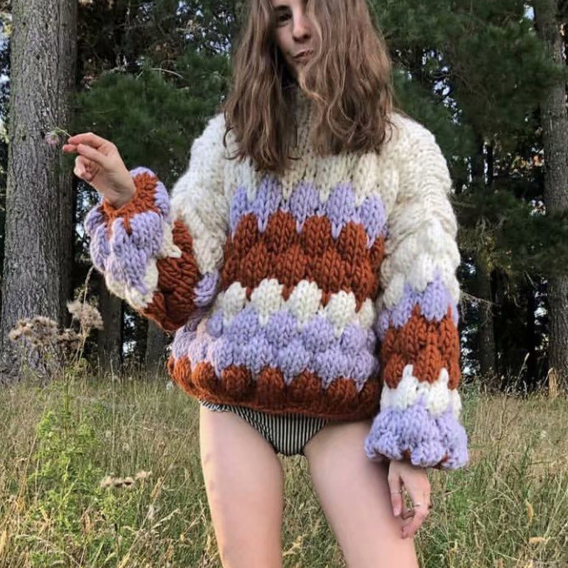 Women's Chunky Knit Sweater with Wave Pattern and Voluminous Sleeves