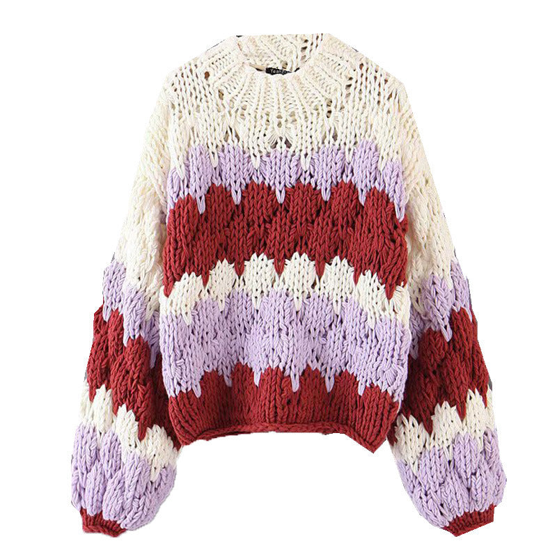 Women's Chunky Knit Sweater with Wave Pattern and Voluminous Sleeves