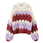 Women's Chunky Knit Sweater with Wave Pattern and Voluminous Sleeves