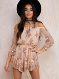 Elegant Playsuit with Floral Sequin Embellishments and Off-Shoulder Design