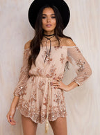 Elegant Playsuit with Floral Sequin Embellishments and Off-Shoulder Design