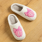 Beige Fluffy Slippers With Pink Bow Embroidery