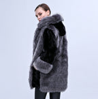 Women's Fluffy Faux Fur Cape with Voluminous Collar and Side Pockets