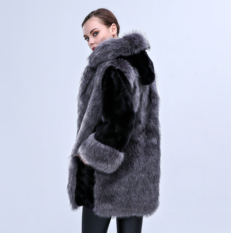 Women's Fluffy Faux Fur Cape with Voluminous Collar and Side Pockets