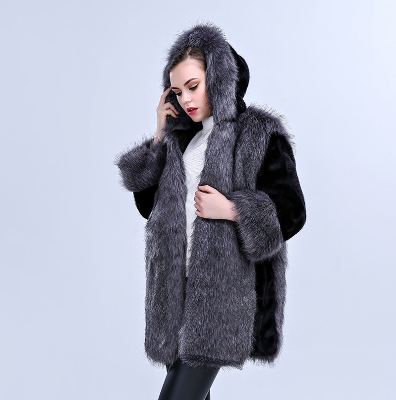 Women's Fluffy Faux Fur Cape with Voluminous Collar and Side Pockets