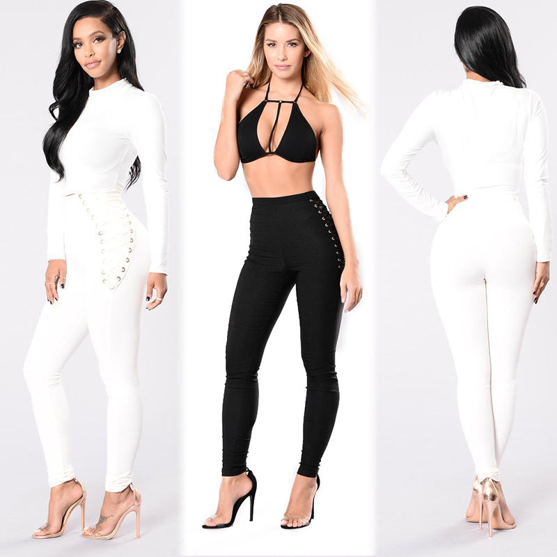 Women's High-Waisted Leggings with Decorative Lace-Up Detail