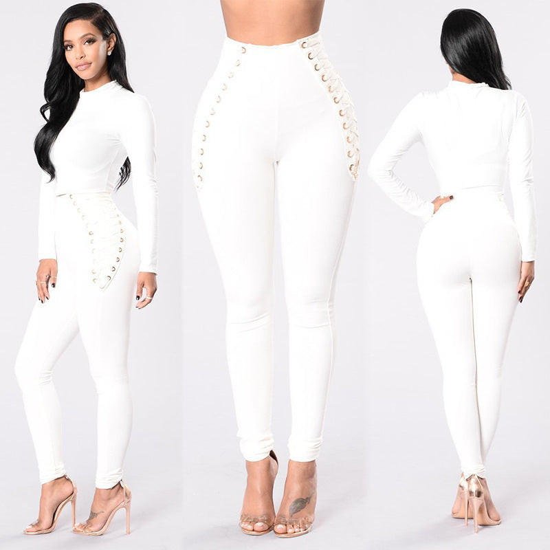Women's High-Waisted Leggings with Decorative Lace-Up Detail