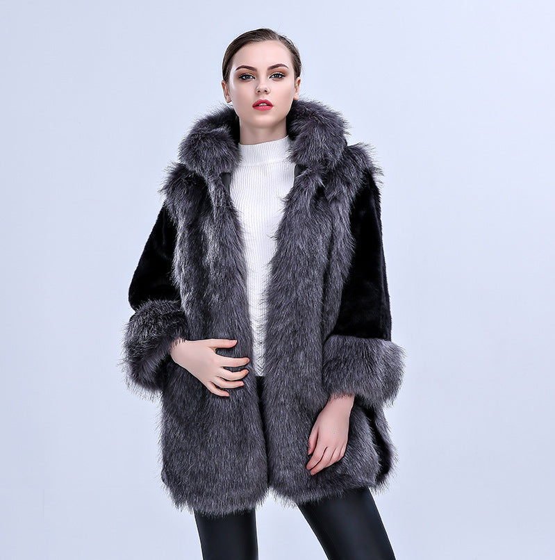 Women's Elegant Faux Fur Coat with Voluminous Collar and Side Pockets