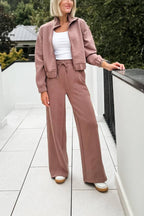 Sleek Full Zip Jacket and High Waist Elastic Pocket Sweatpants Set