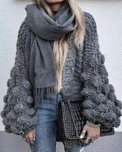 Women's Chunky Knit Oversized Cardigan with Voluminous Sleeves