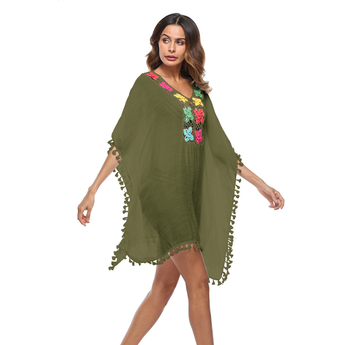 Women's Airy Kaftan with Colorful Crochet Embellishments