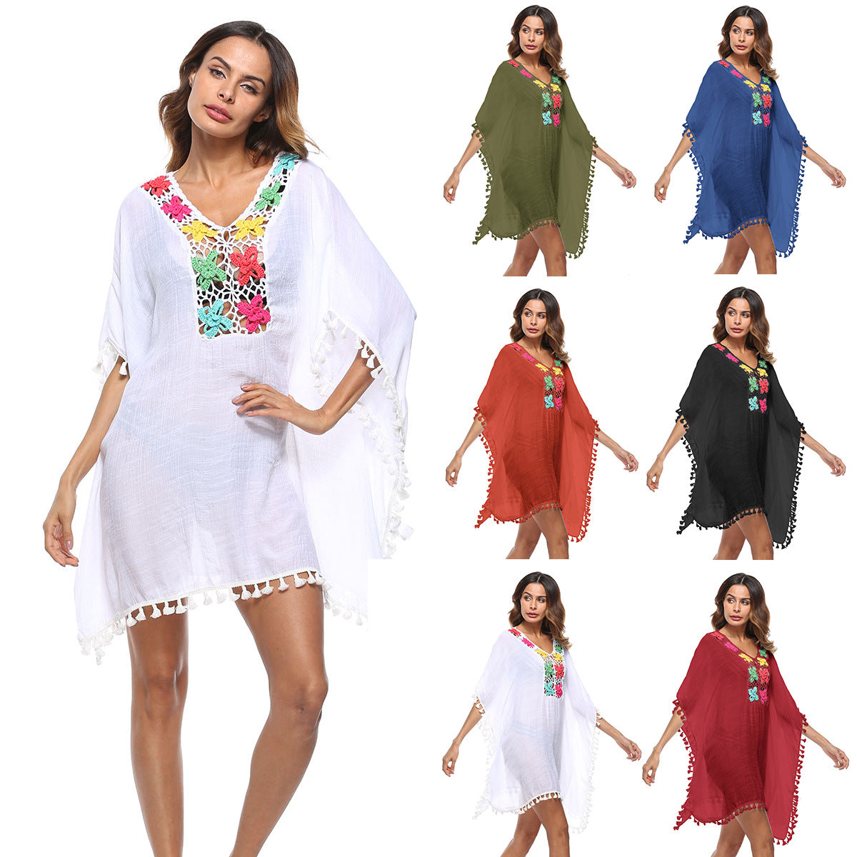 Women's Airy Kaftan with Colorful Crochet Embellishments