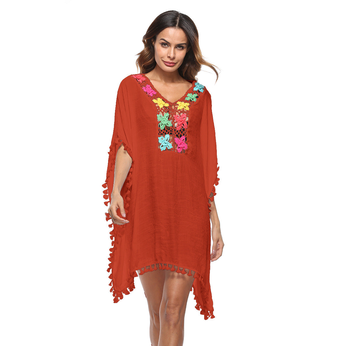 Women's Airy Kaftan with Colorful Crochet Embellishments