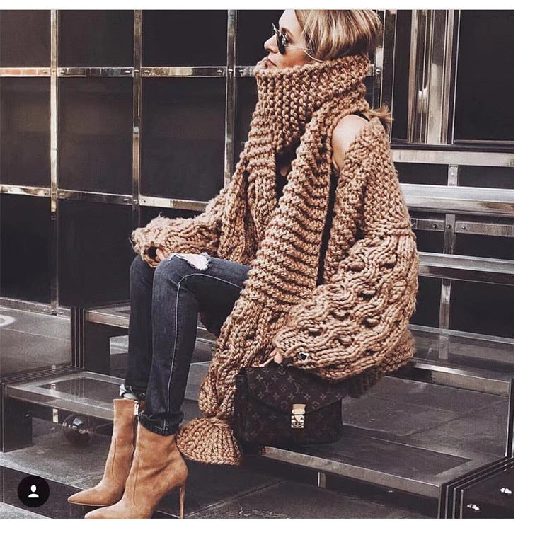 Women's Chunky Knit Oversized Cardigan with Voluminous Sleeves