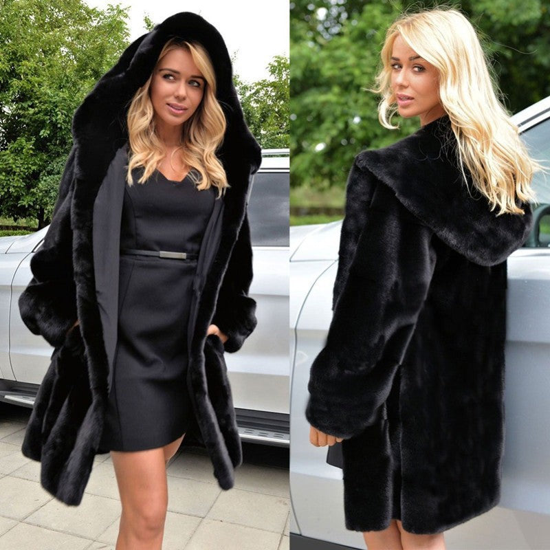 Elegant Women's Faux Fur Coat with Hooded Collar and Side Pockets