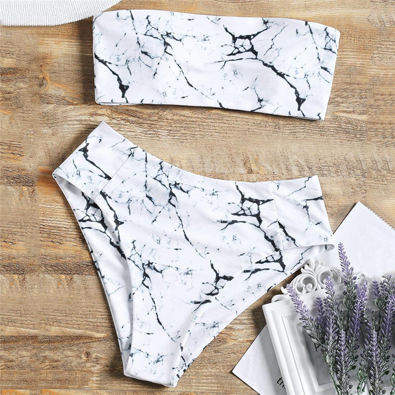 Women's Bandeau Bikini with Elegant Marble Print