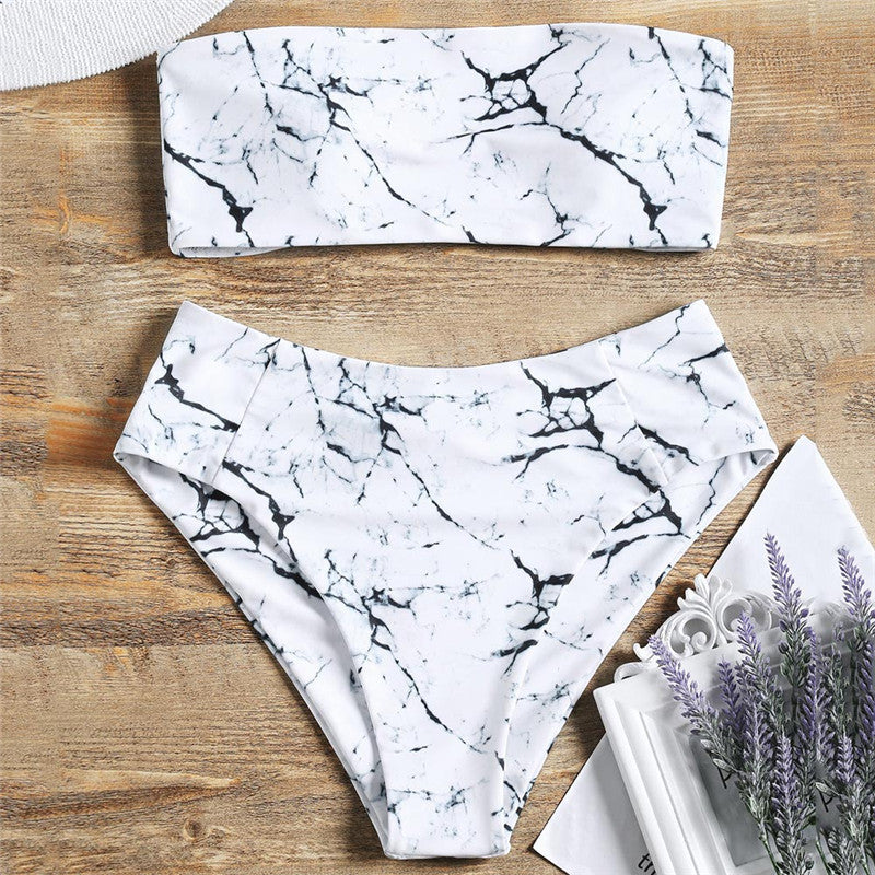 Women's Bandeau Bikini with Elegant Marble Print