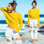 Women's Cropped Knit Sweater with Fringed Details and Decorative Lacing