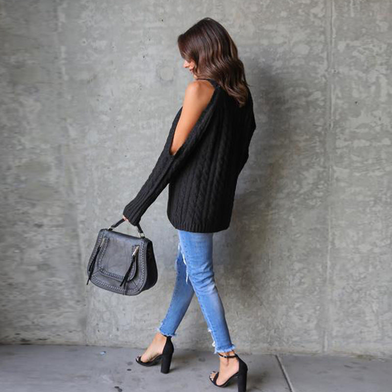Women's Chunky Knit Sweater with Off-Shoulder Design and Voluminous Sleeves