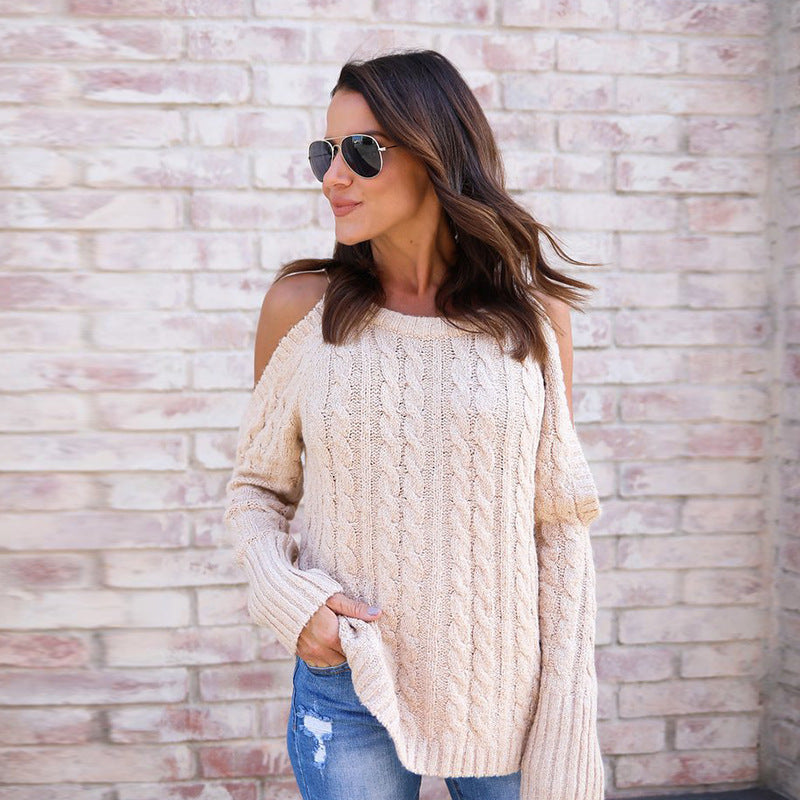 Women's Chunky Knit Sweater with Off-Shoulder Design and Voluminous Sleeves