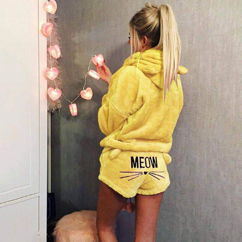 Women's Cozy Two-Piece Lounge Set with Hoodie and MEOW Embroidery Shorts