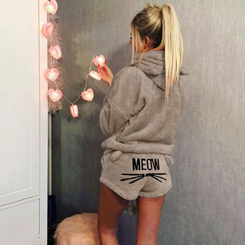 Women's Cozy Two-Piece Lounge Set with Hoodie and MEOW Embroidery Shorts