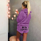 Women's Cozy Two-Piece Lounge Set with Hoodie and MEOW Embroidery Shorts