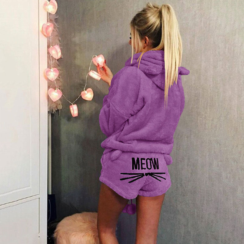 Women's Cozy Two-Piece Lounge Set with Hoodie and MEOW Embroidery Shorts