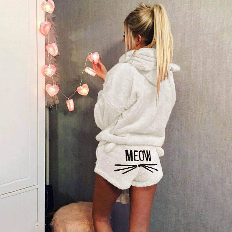 Women's Cozy Two-Piece Lounge Set with Hoodie and MEOW Embroidery Shorts