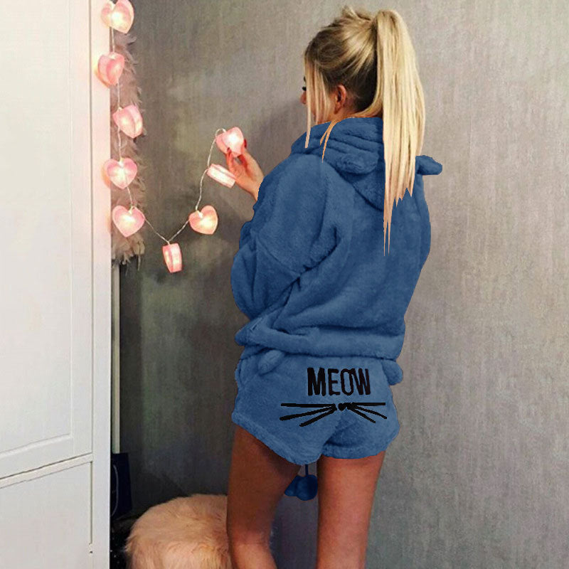 Women's Cozy Two-Piece Lounge Set with Hoodie and MEOW Embroidery Shorts