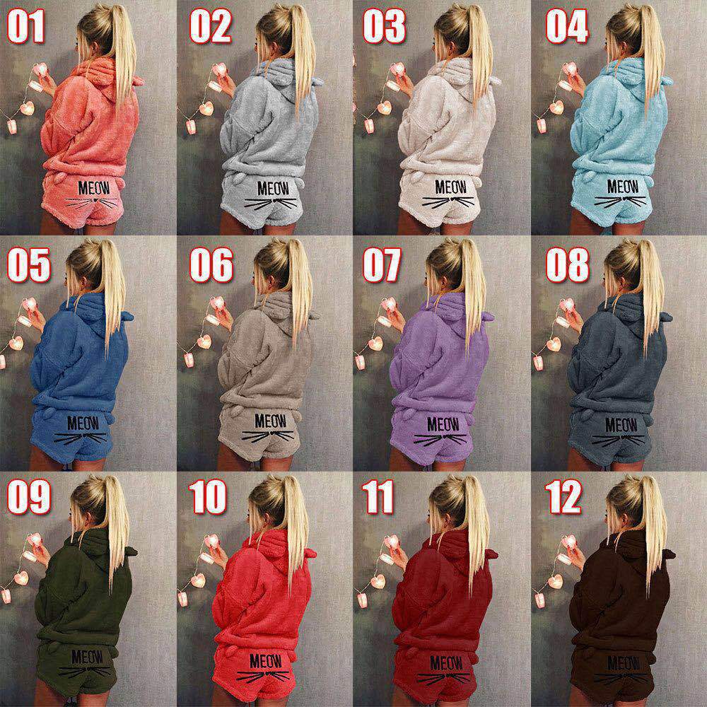 Women's Cozy Two-Piece Lounge Set with Hoodie and MEOW Embroidery Shorts