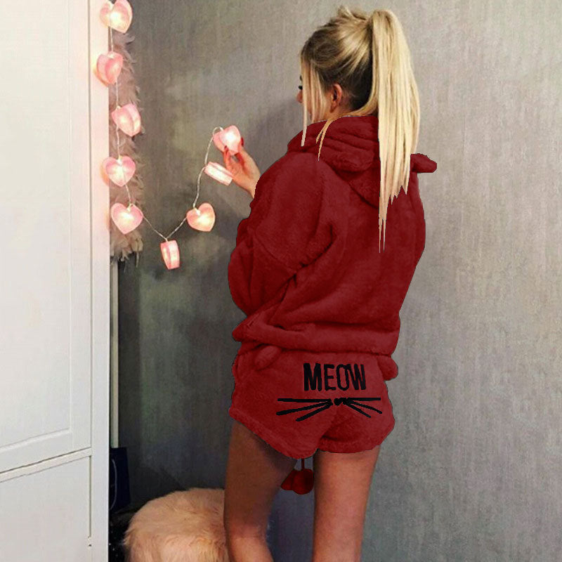 Women's Cozy Two-Piece Lounge Set with Hoodie and MEOW Embroidery Shorts
