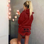 Women's Cozy Two-Piece Lounge Set with Hoodie and MEOW Embroidery Shorts