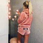 Women's Cozy Two-Piece Lounge Set with Hoodie and MEOW Embroidery Shorts
