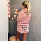 Women's Cozy Two-Piece Lounge Set with Hoodie and MEOW Embroidery Shorts