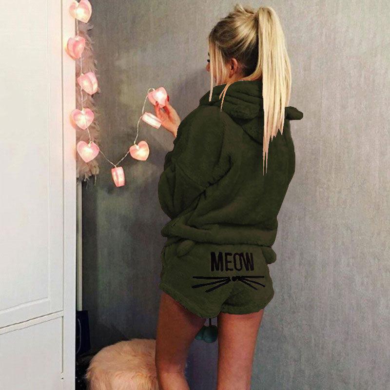 Women's Cozy Two-Piece Lounge Set with Hoodie and MEOW Embroidery Shorts