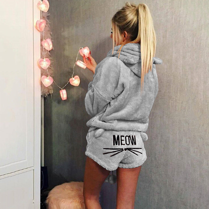 Women's Cozy Two-Piece Lounge Set with Hoodie and MEOW Embroidery Shorts