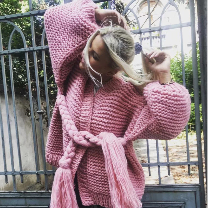 Women's Chunky Knit Cardigan with Braided Belt and Voluminous Sleeves