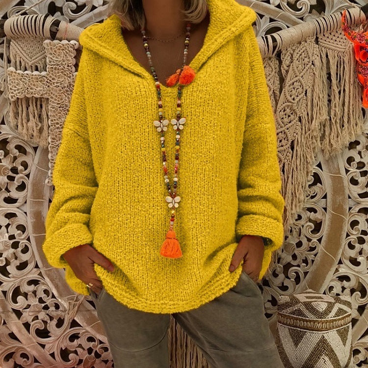 Women's Comfortable Knit Sweater with Hood and Casual Cut