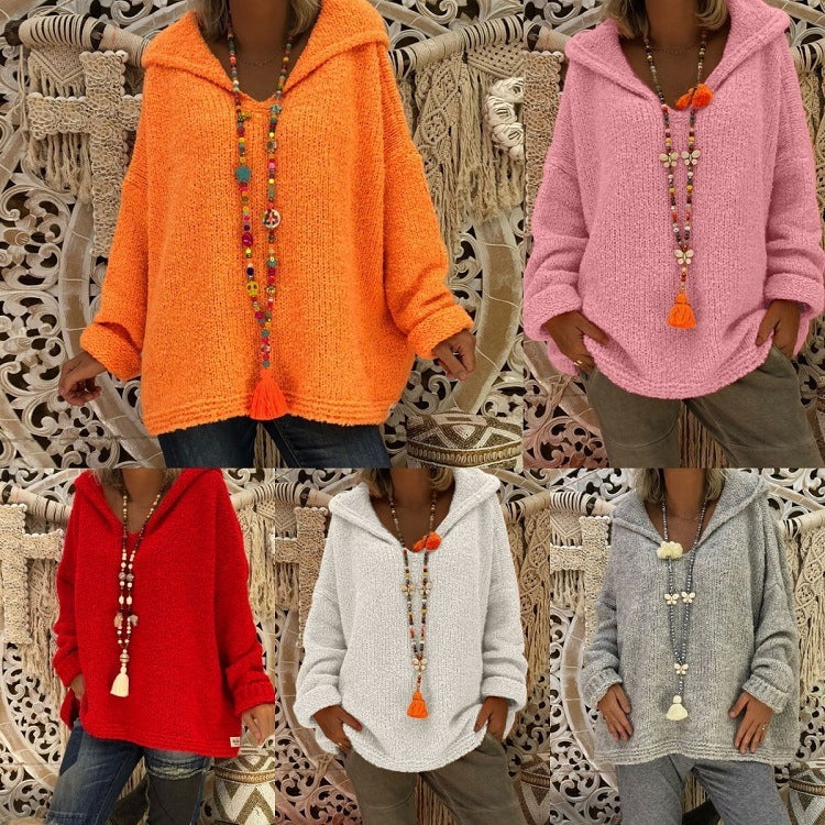 Women's Comfortable Knit Sweater with Hood and Casual Cut