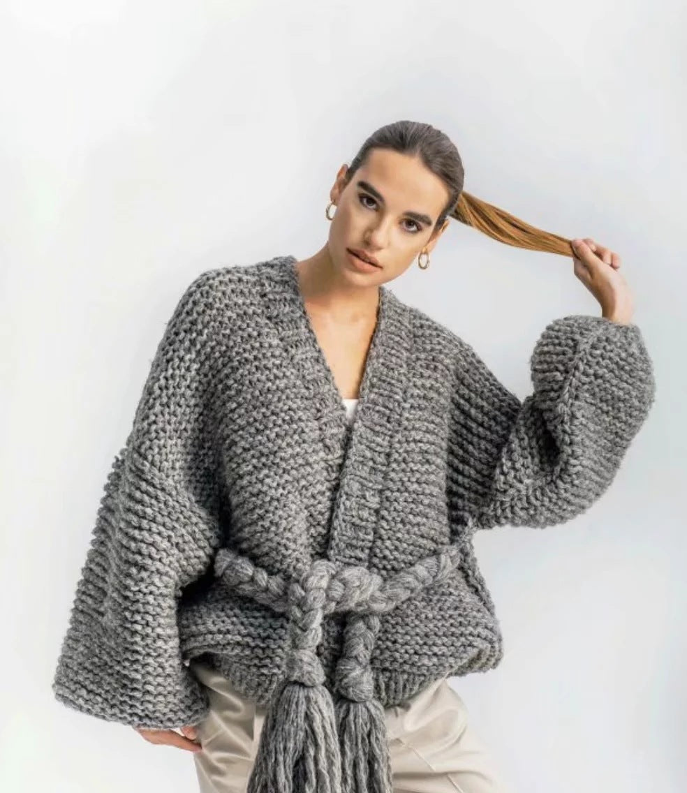 Women's Chunky Knit Cardigan with Braided Belt and Voluminous Sleeves