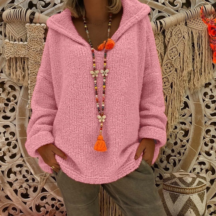 Women's Comfortable Knit Sweater with Hood and Casual Cut