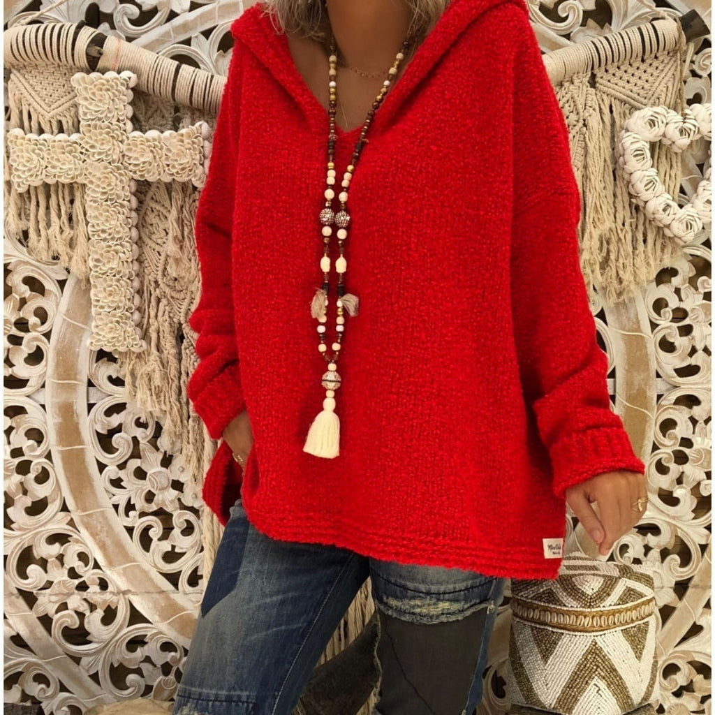 Women's Comfortable Knit Sweater with Hood and Casual Cut