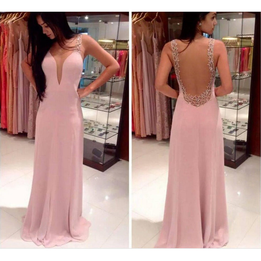Elegant Evening Dress with Deep V-Neck and Shimmering Details