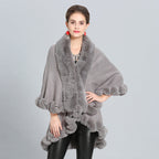 Women's Hooded Poncho with Luxurious Faux Fur Collar and Elegant Trim