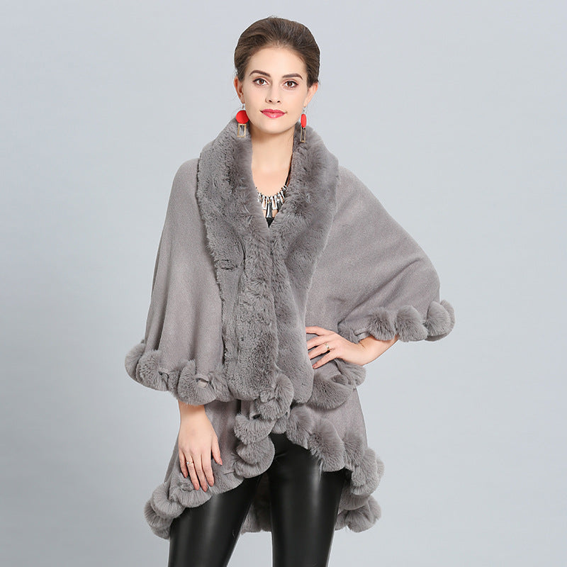 Women's Hooded Poncho with Luxurious Faux Fur Collar and Elegant Trim
