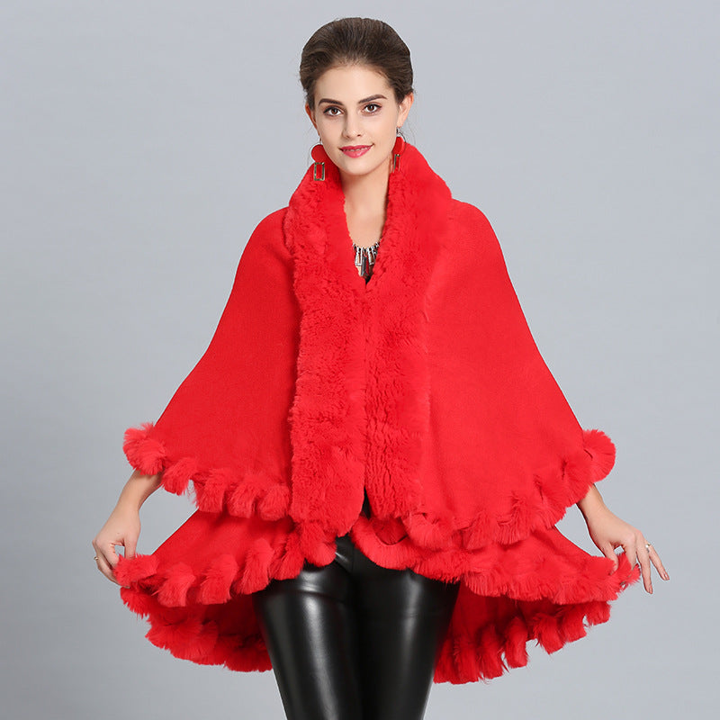 Women's Hooded Poncho with Luxurious Faux Fur Collar and Elegant Trim